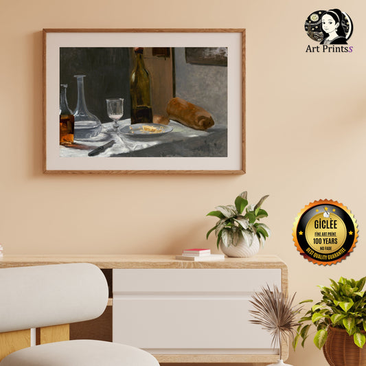 Monet - Still Life with Bottle, Carafe, Bread, and Wine (c. 1862/1863)-Claude Monet-ArtPrintsS