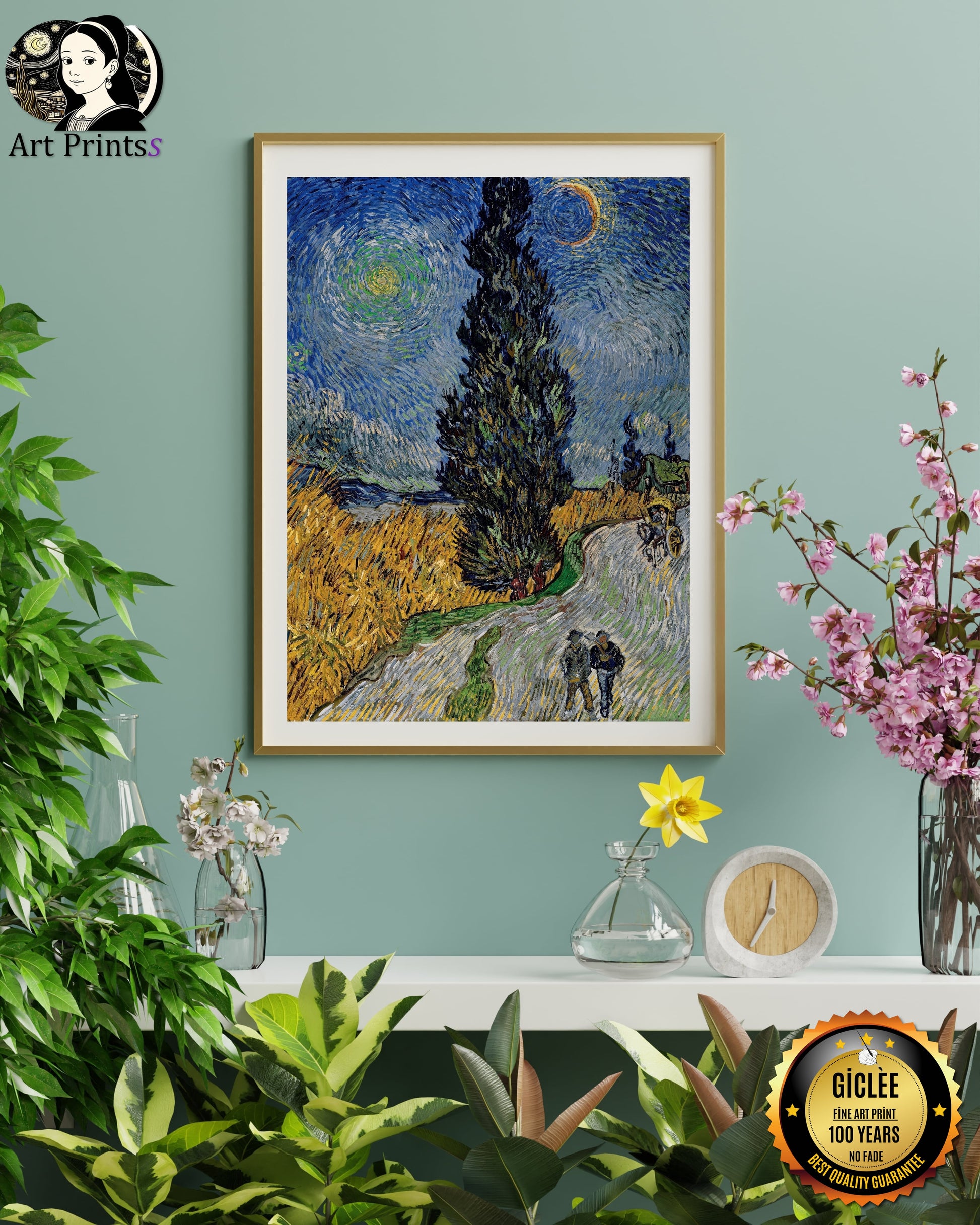 Van Gogh - Road with Cypress and Star (1890)-Vincent Van Gogh-ArtPrintsS